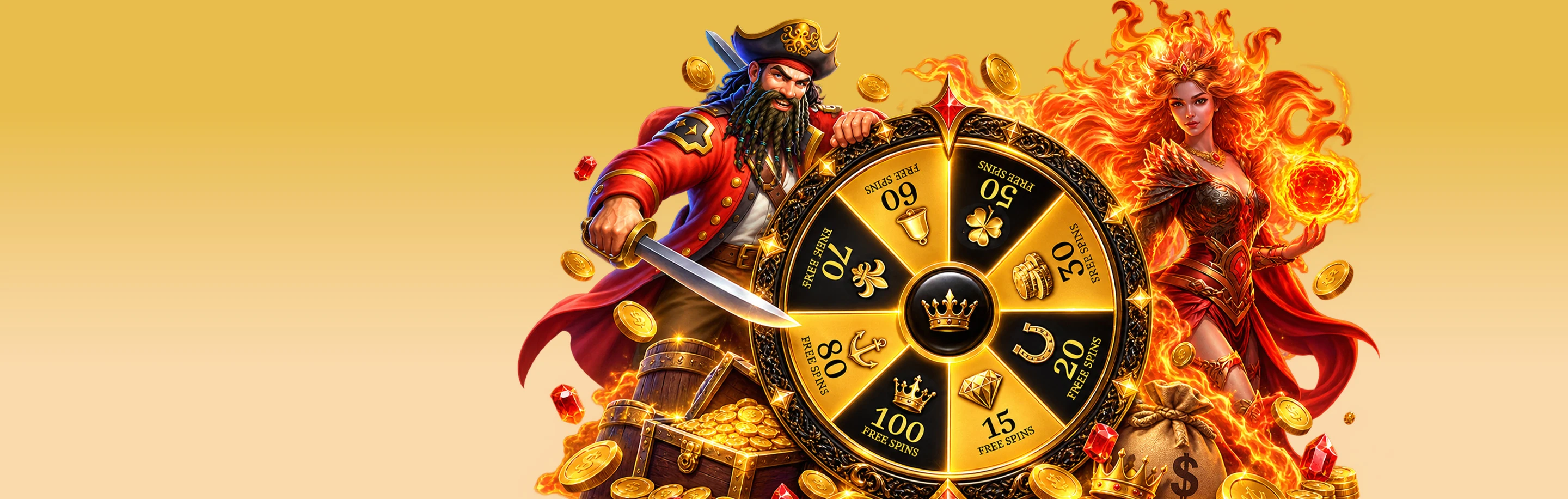 Royal Reels promotional wheel artwork with a pirate and a fire character